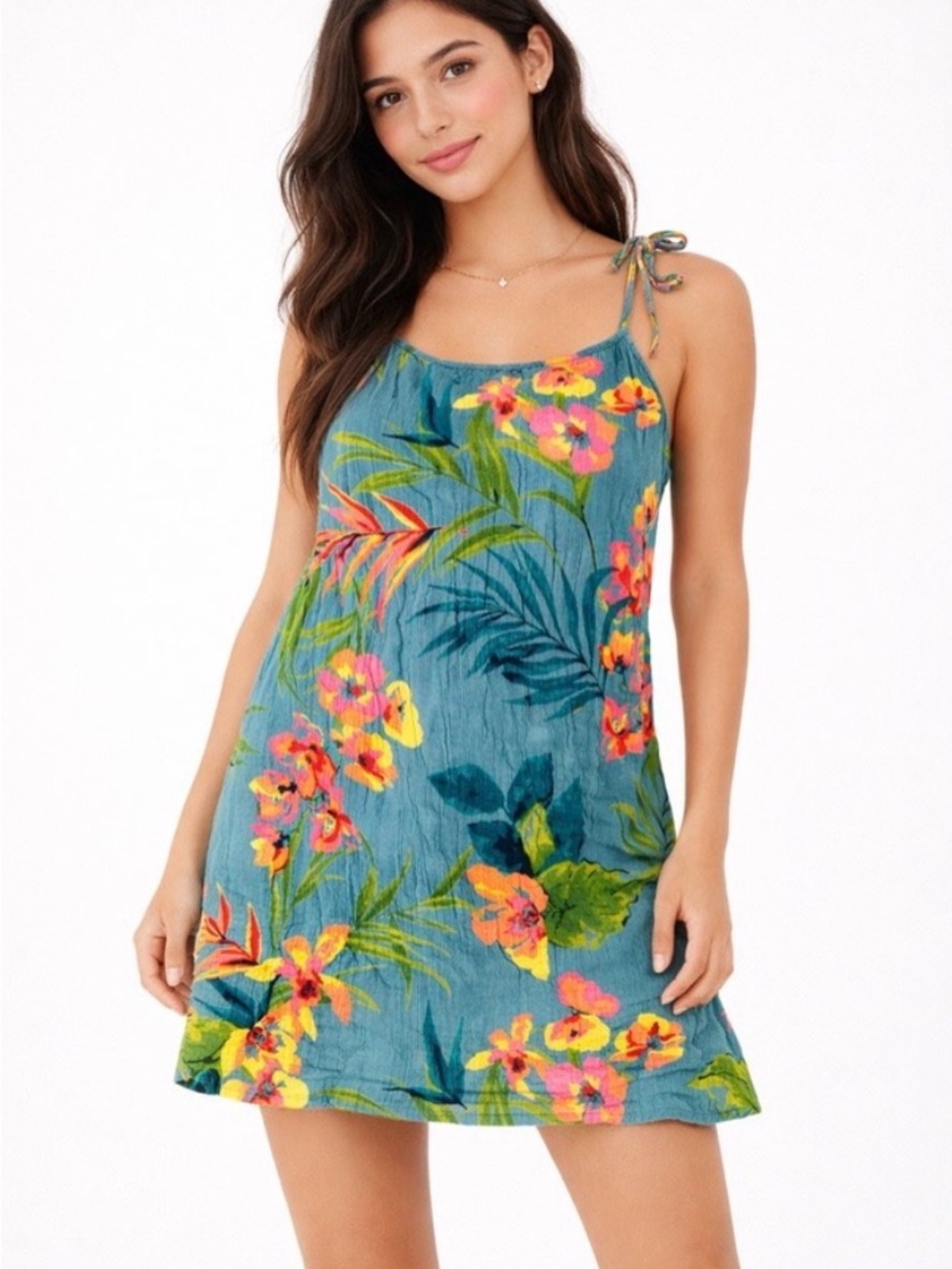 Billabong Tropical Floral Tie-Shoulder Mini Slip Dress, M